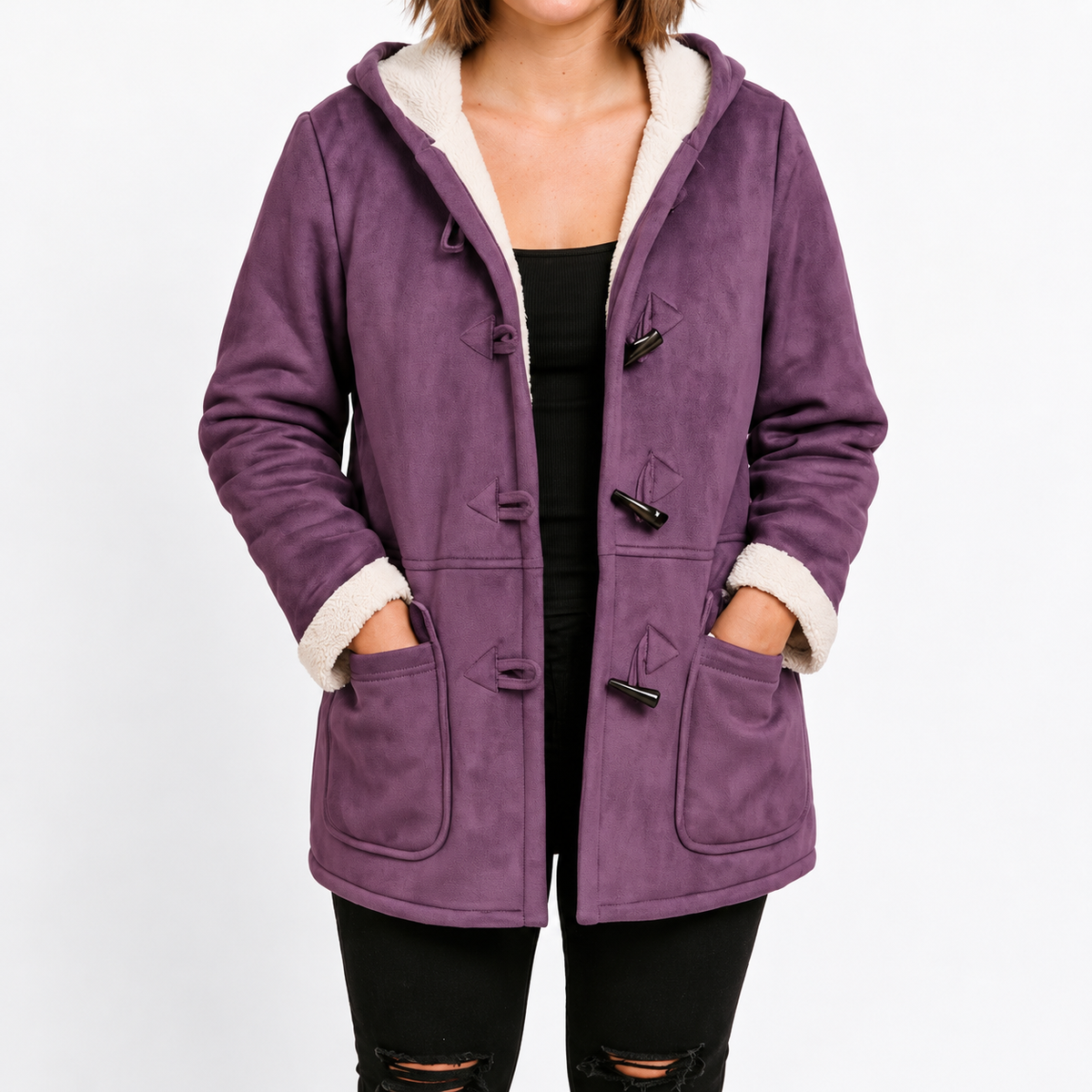 Isla - Women's Hooded Duffle Coat with Toggle Closures and Contrast Lining