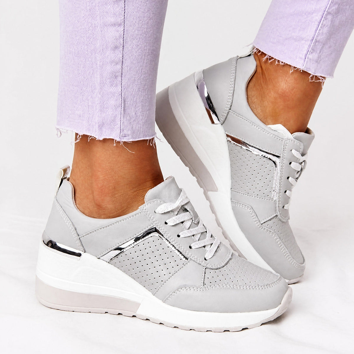 Alice - Women's Orthopedic Wedge Sneakers with Metallic Panel Detail
