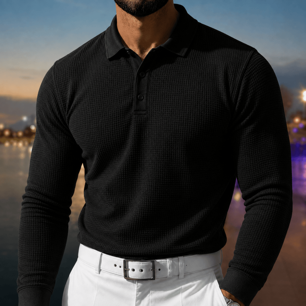 Arthur - Men's Slim Fit Textured Long Sleeve Polo Shirt