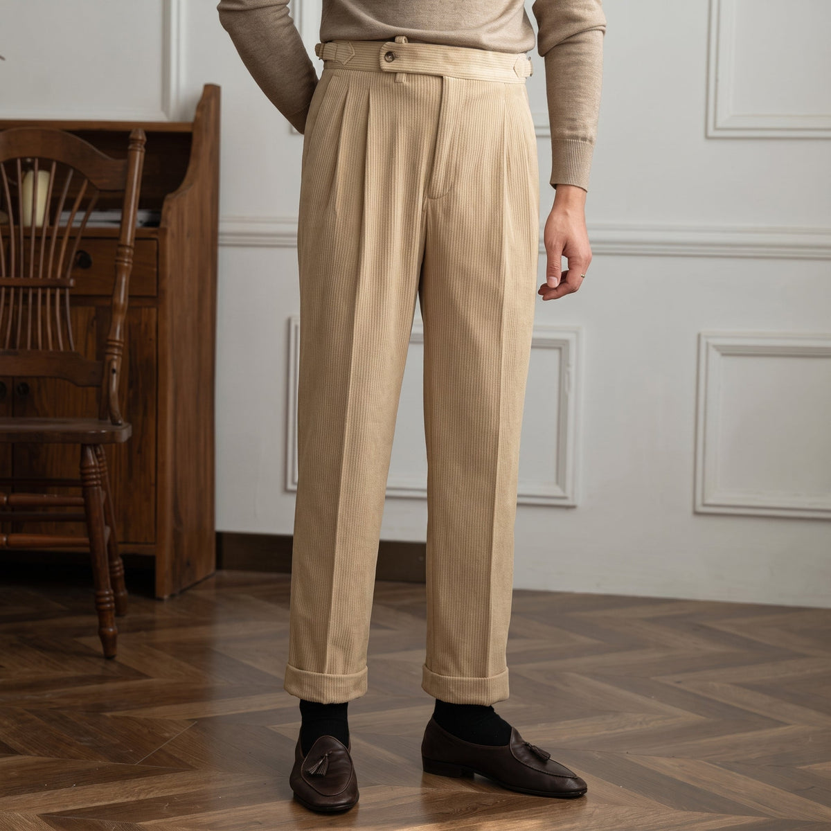 Charlie - Men's High-Waisted Ribbed Texture Trousers