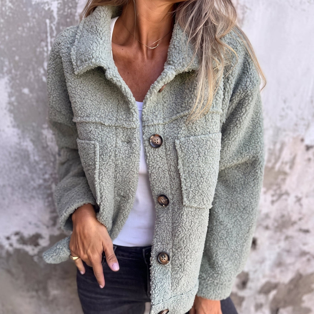 Charlotte - Women's Boxy Textured Jacket with Wide Collar