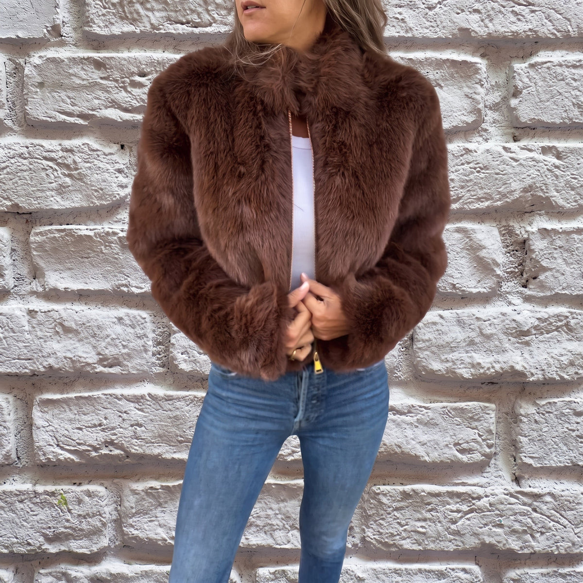 Charlotte - Women's Cropped Fluffy Jacket with Stand Collar