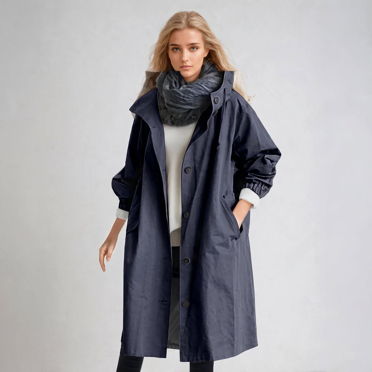 Elizabeth - Women's Hooded Longline Trench Coat with Drawstring Waist