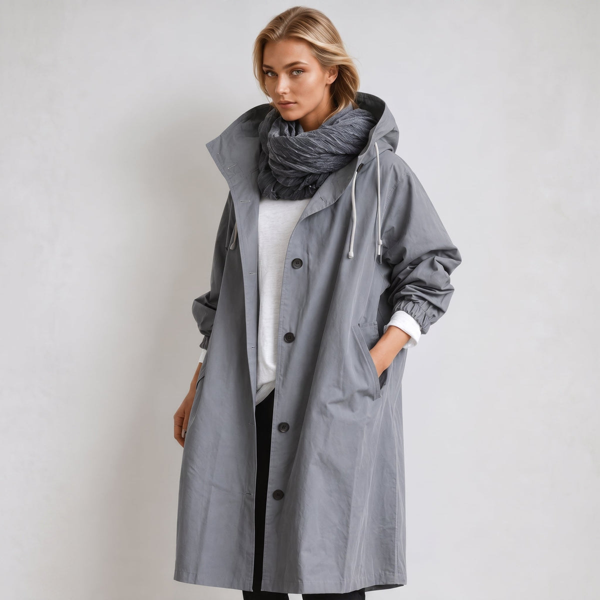Elizabeth - Women's Hooded Longline Trench Coat with Drawstring Waist