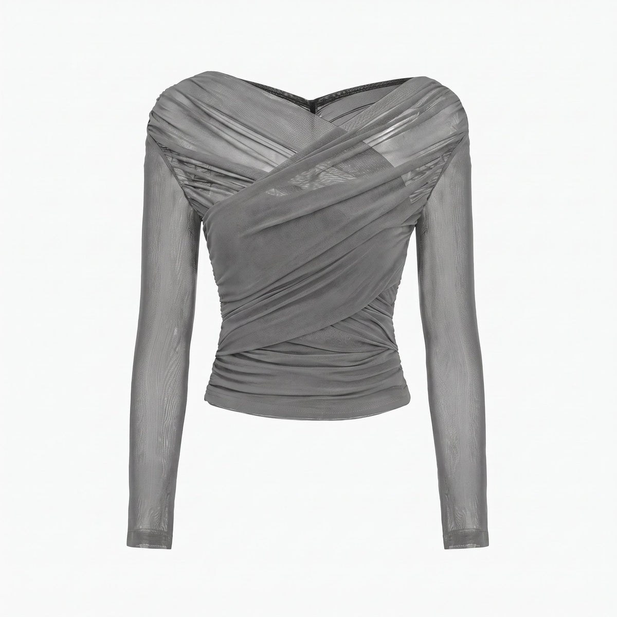 Isla - Women's Ruched Long Sleeve Mesh Top with Crossover V-Neck