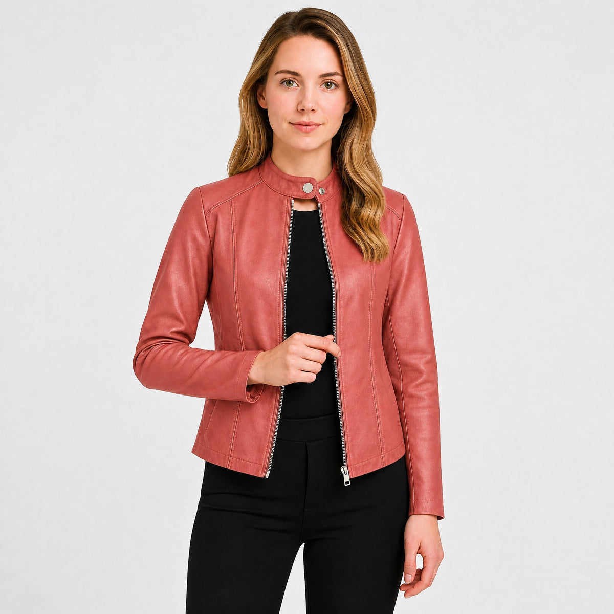 Klara - Women's Cropped Fitted Moto Jacket with Zip Closure and Snap Collar