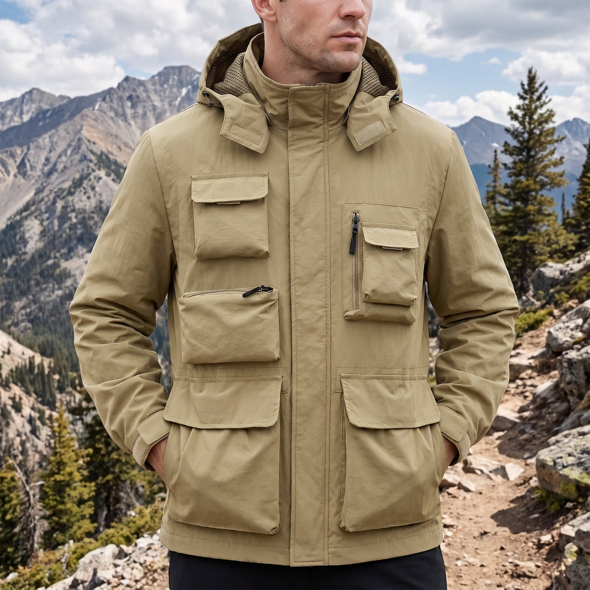Marcus - Men's Multi-Pocket Hooded Utility Jacket with Zip Closure