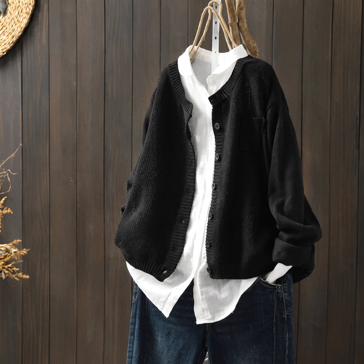 Margaret - Women's Oversized Button-Front Cardigan with Chest Pocket
