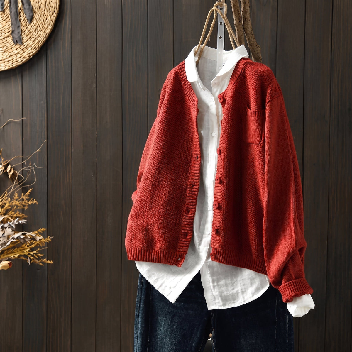 Margaret - Women's Oversized Button-Front Cardigan with Chest Pocket