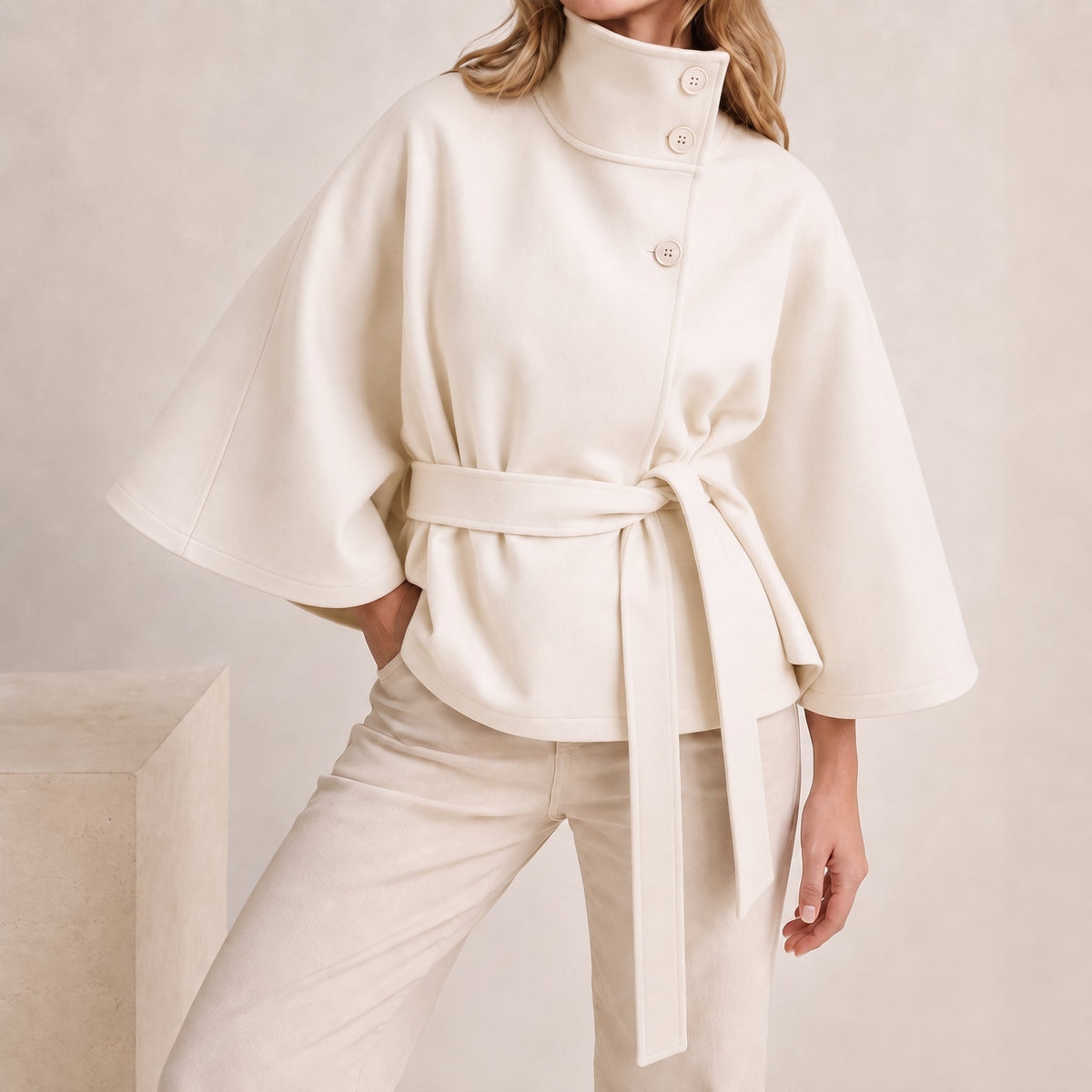Sarah - Women's Cape Stand Collar Self-Tie Belted Jacket