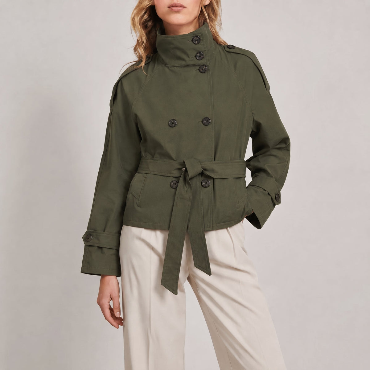 Sibylle - Women's Stand Collar Belted Cropped Jacket