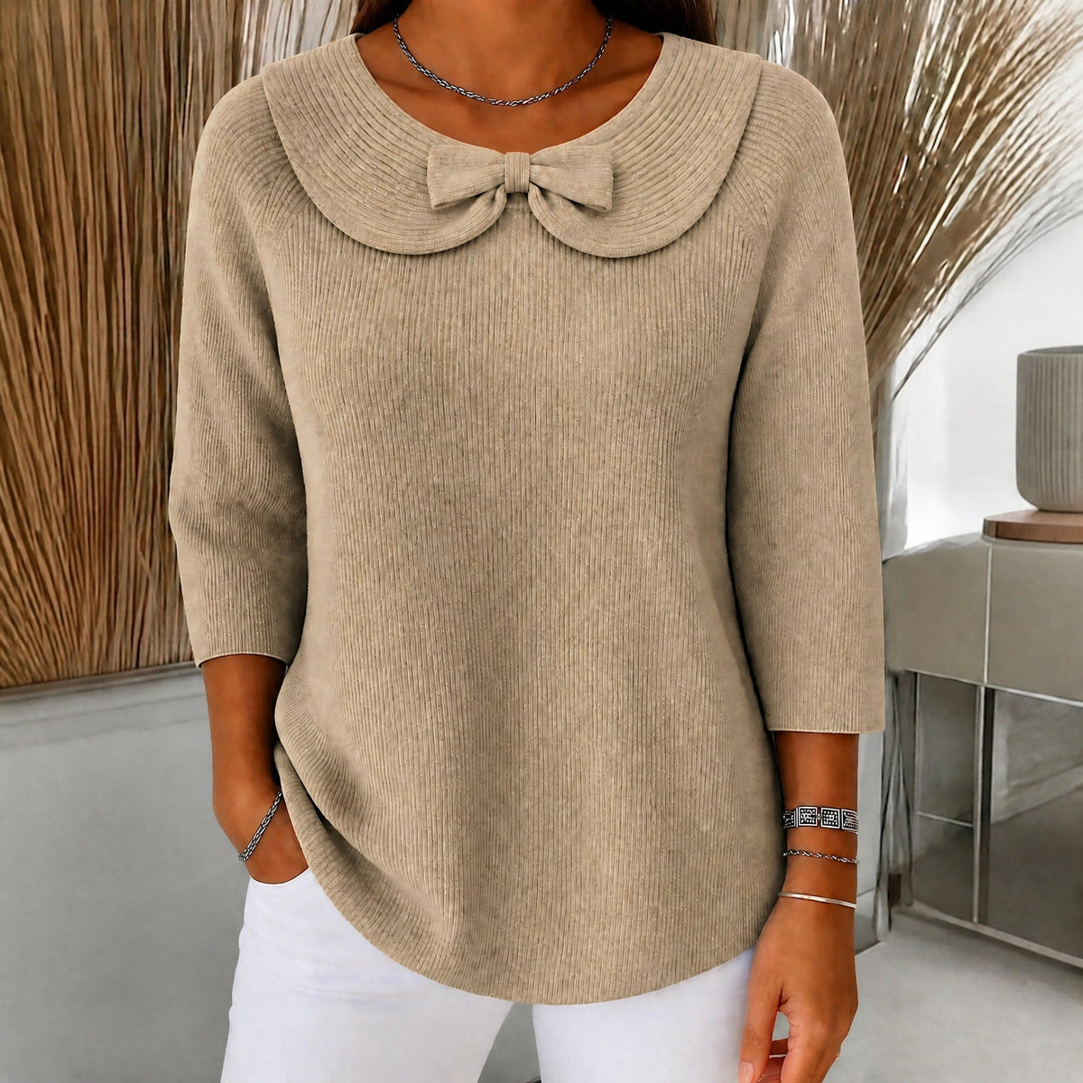 Sophie - Women's Bow Collar Ribbed Knit Sweater with Three-Quarter Sleeves