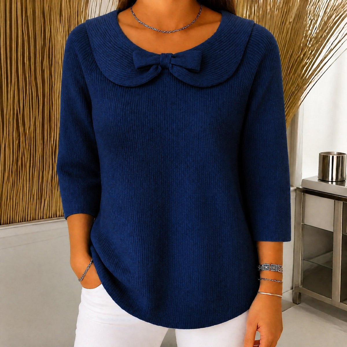 Sophie - Women's Bow Collar Ribbed Knit Sweater with Three-Quarter Sleeves