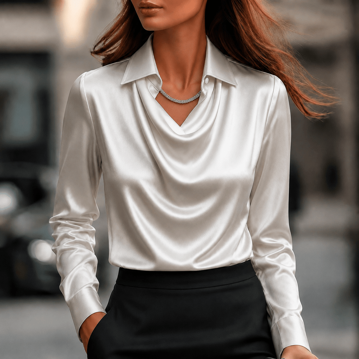 Sophie - Women's Long Sleeve Cowl Neck Blouse with Collar