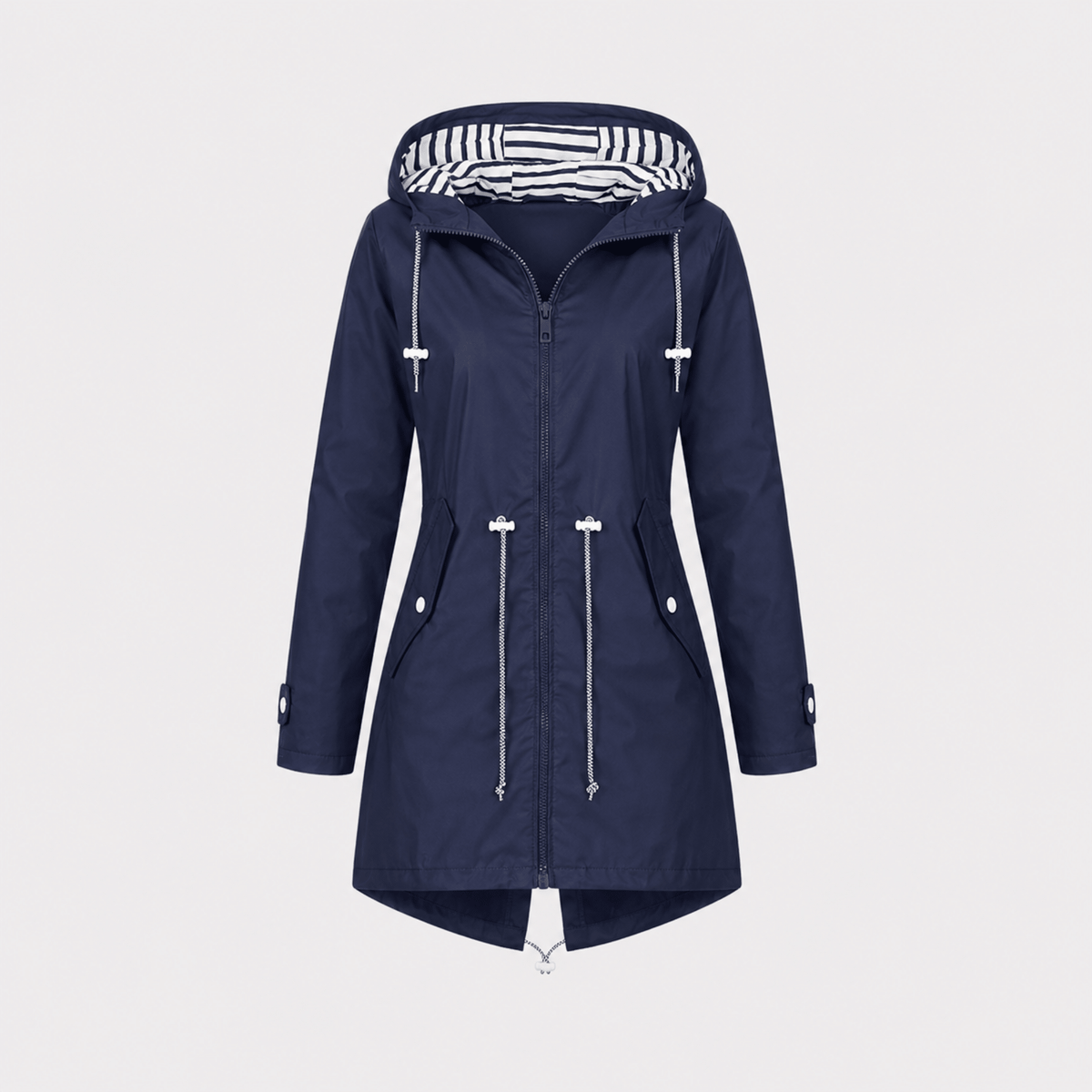 Sophie - Women's Longline Hooded Rain Jacket with Striped Lining