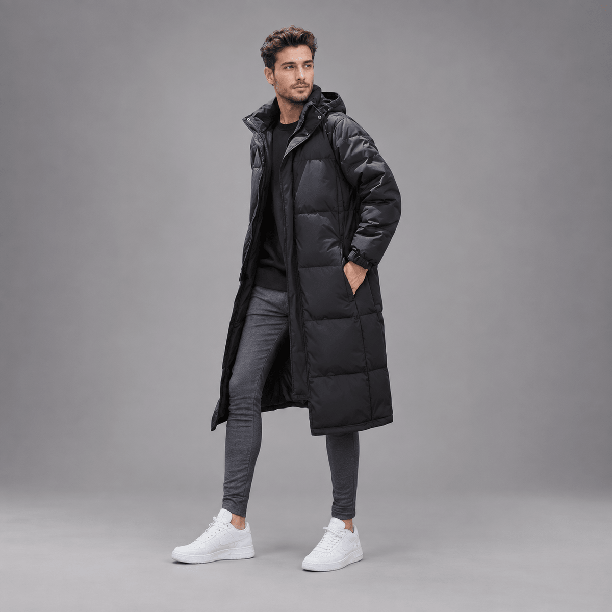Tom - Men's Longline Hooded Puffer Coat with Zip Front