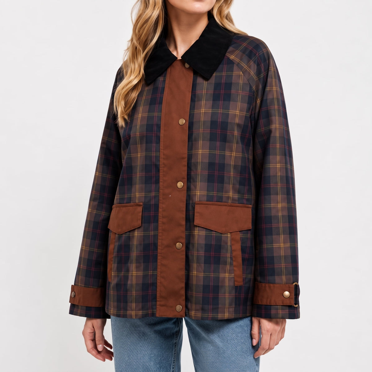 Charlotte - Women's Oversized Plaid Transitional Jacket with Contrast Collar