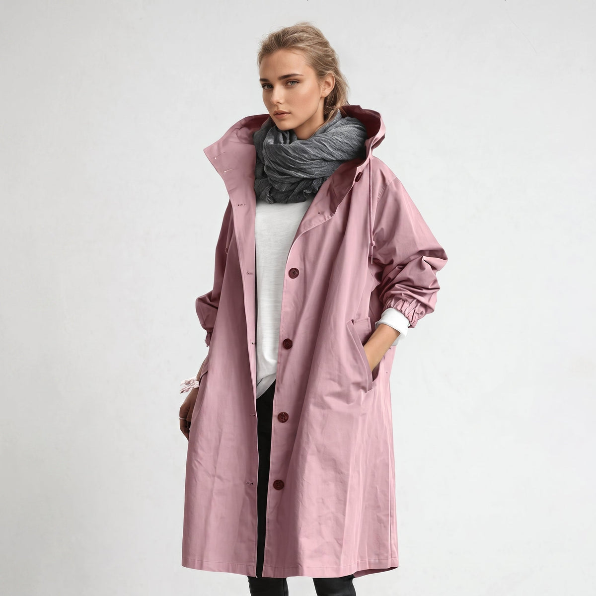 Elizabeth - Women's Hooded Longline Trench Coat with Drawstring Waist
