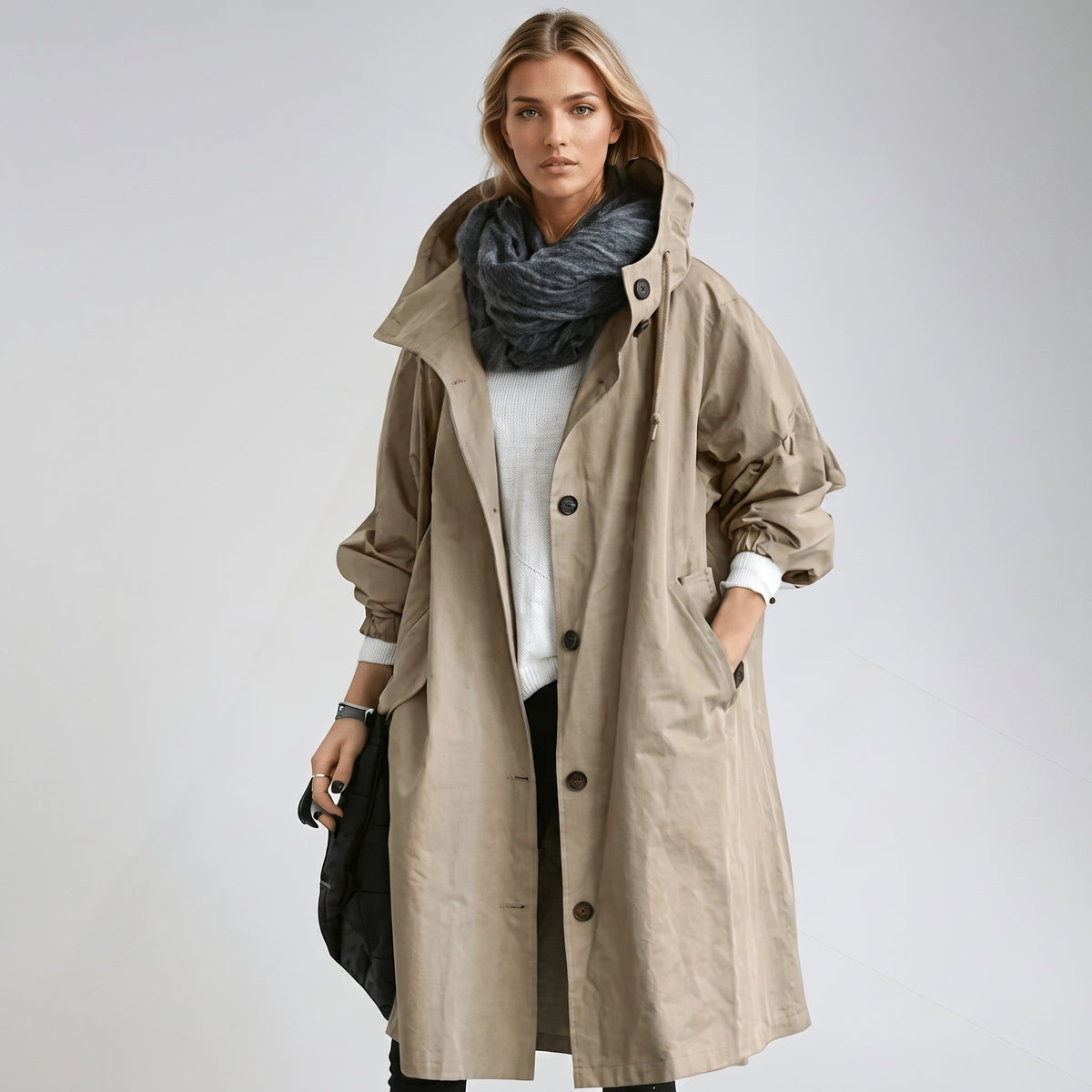 Elizabeth - Women's Hooded Longline Trench Coat with Drawstring Waist