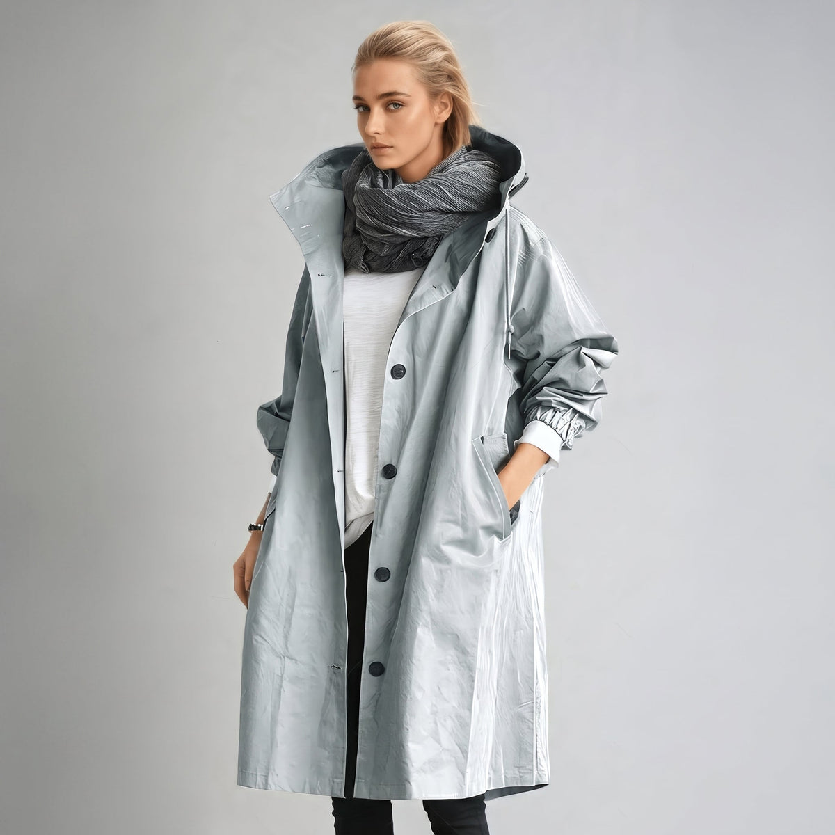 Elizabeth - Women's Hooded Longline Trench Coat with Drawstring Waist