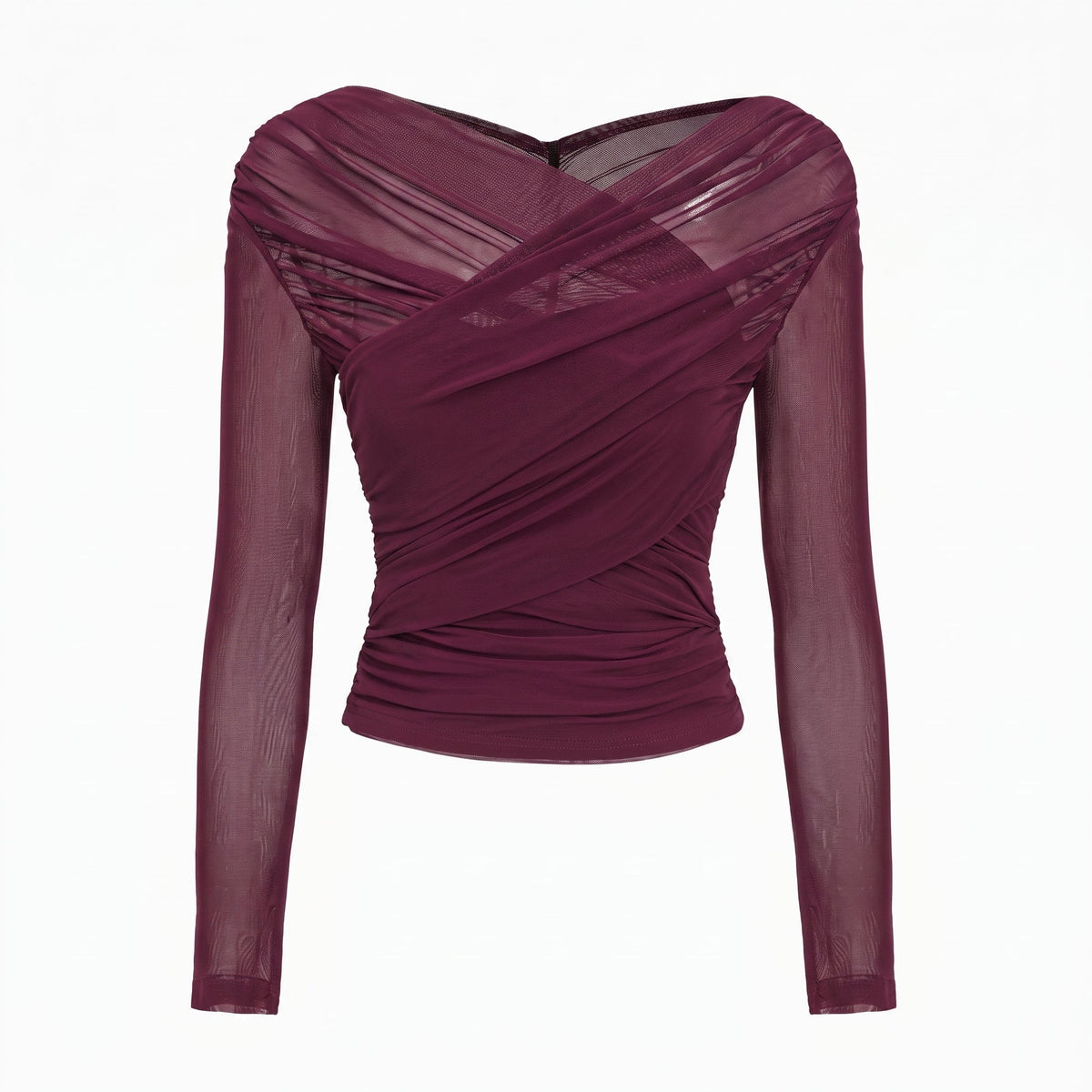 Isla - Women's Ruched Long Sleeve Mesh Top with Crossover V-Neck
