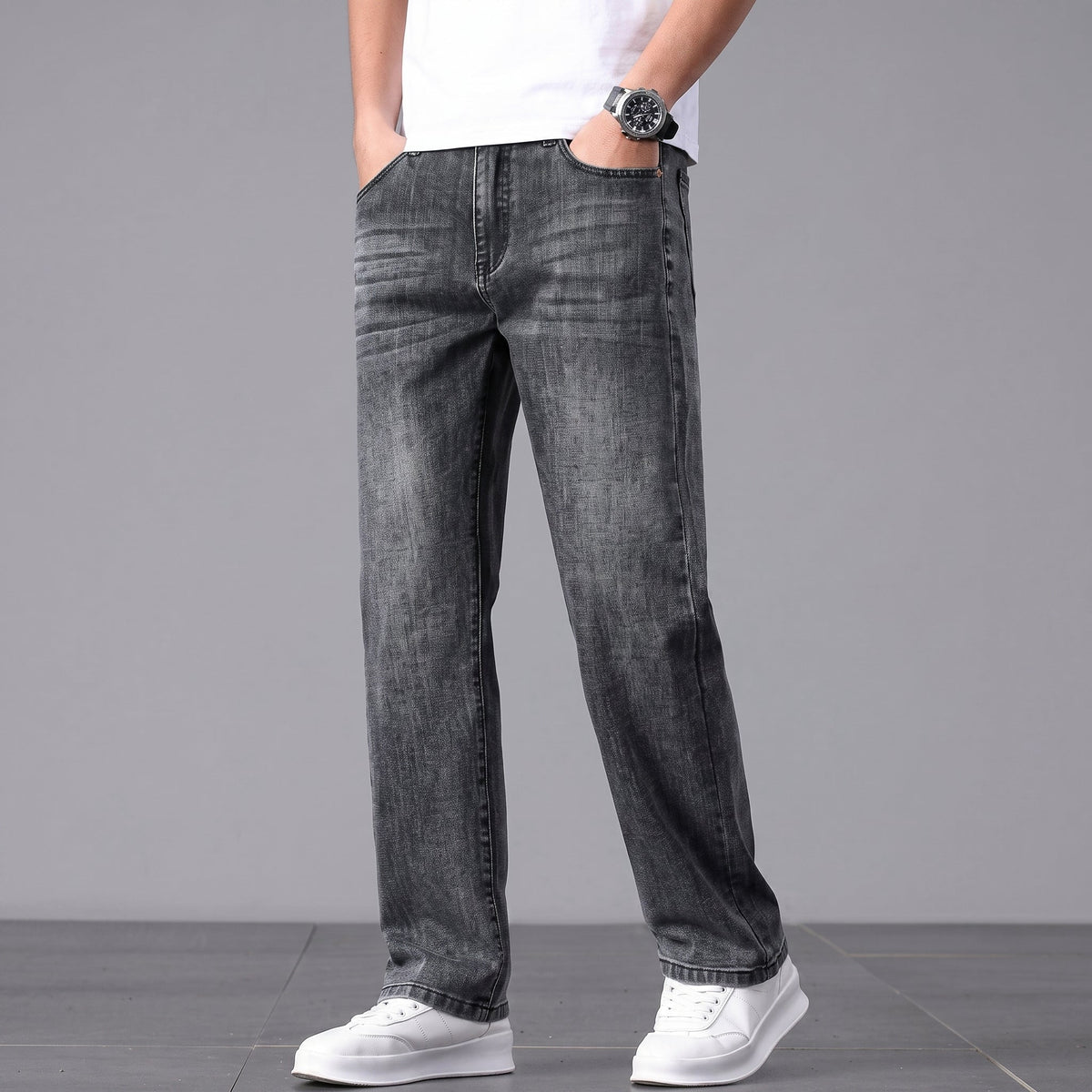 James - Men's Relaxed Fit Straight Leg Jeans with Washed Finish