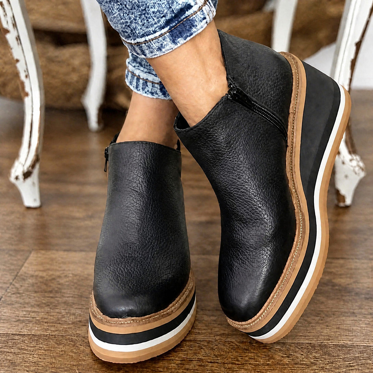 Jeanne - Women's Wedge Platform Ankle Boots with Side Zipper