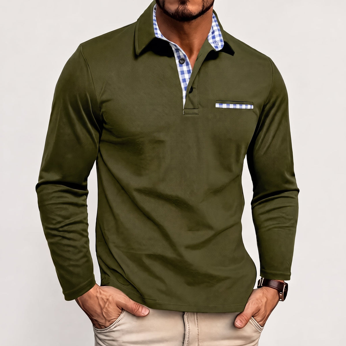 Johann - Men's Long Sleeve Polo Shirt with Contrast Check Collar