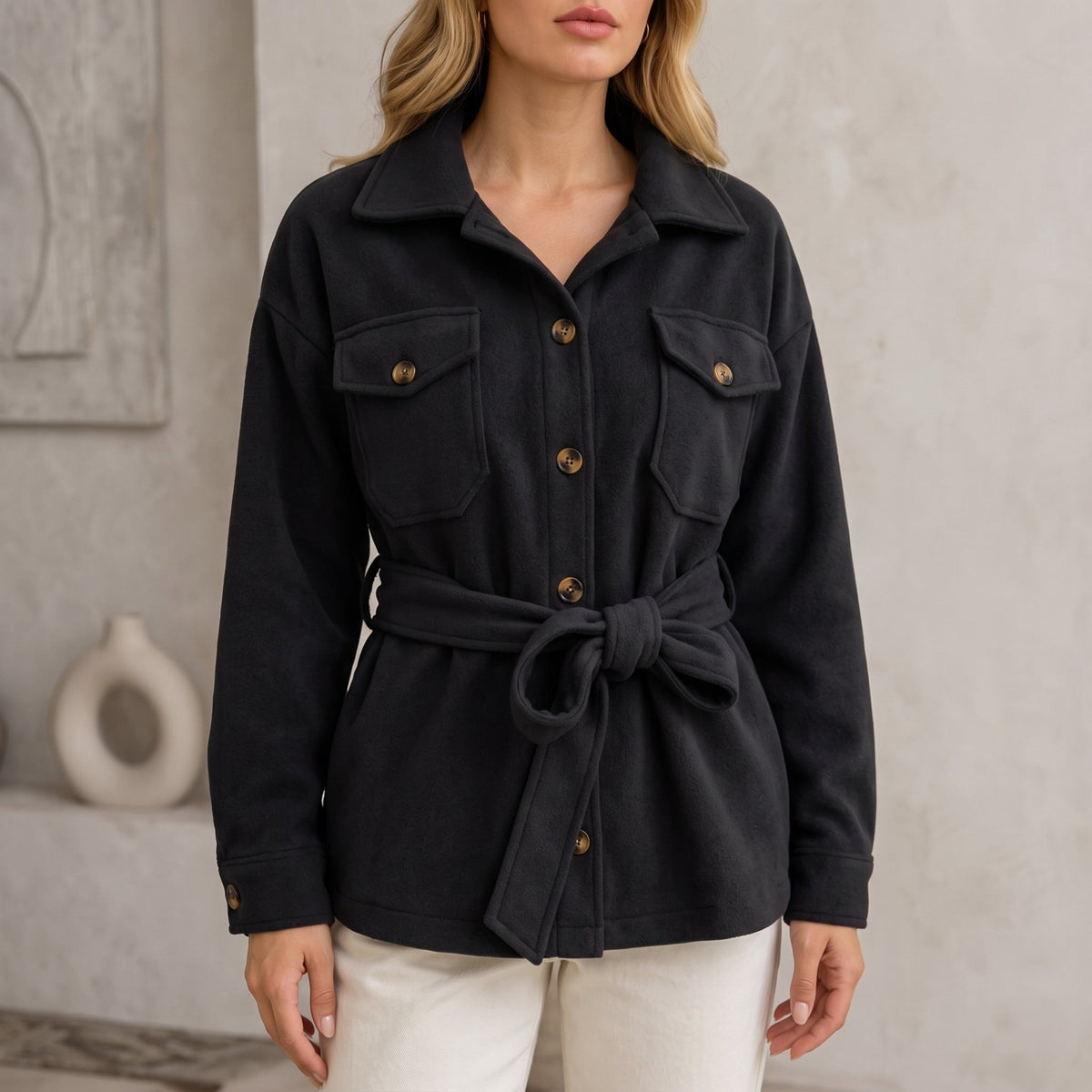 Johanna - Women's Belted Shirt Jacket with Chest Pockets