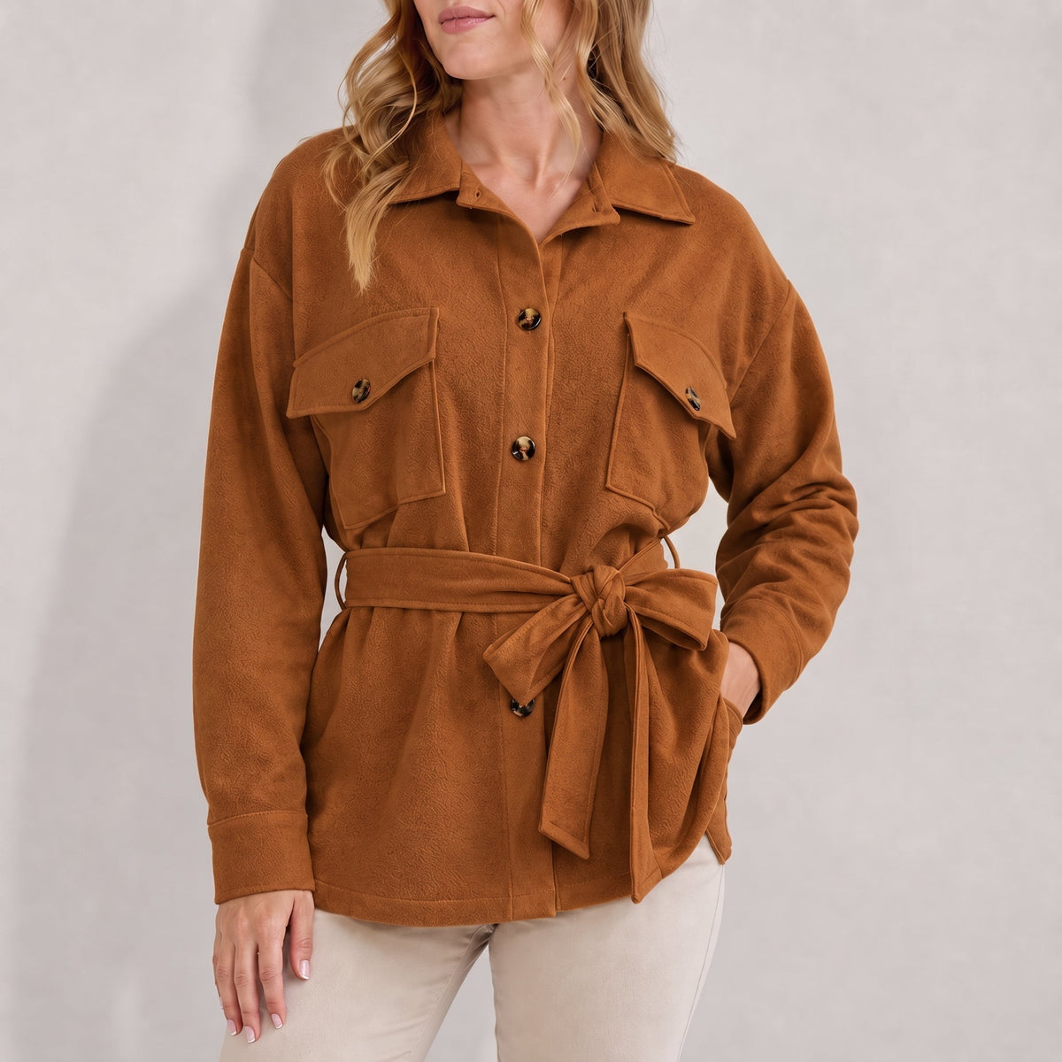 Johanna - Women's Belted Shirt Jacket with Chest Pockets