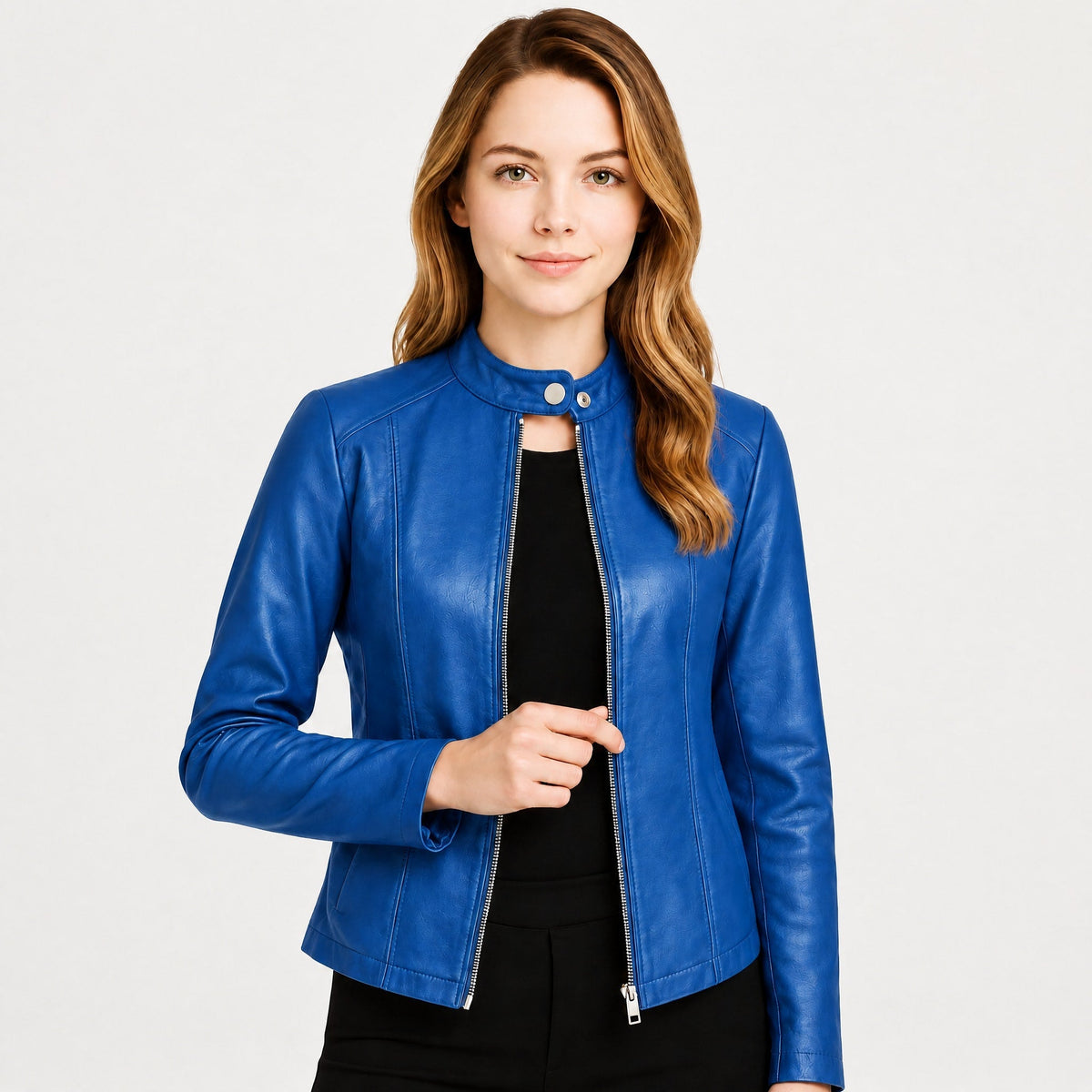 Klara - Women's Cropped Fitted Moto Jacket with Zip Closure and Snap Collar