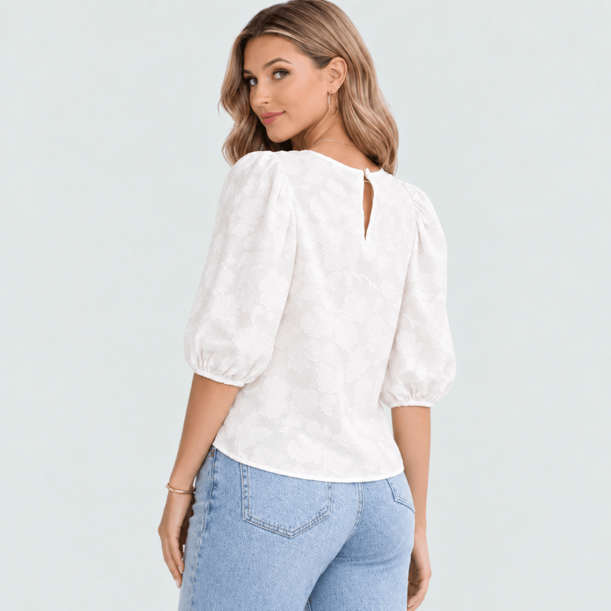 Klara - Women's Floral Puff Sleeve Blouse with Round Neck