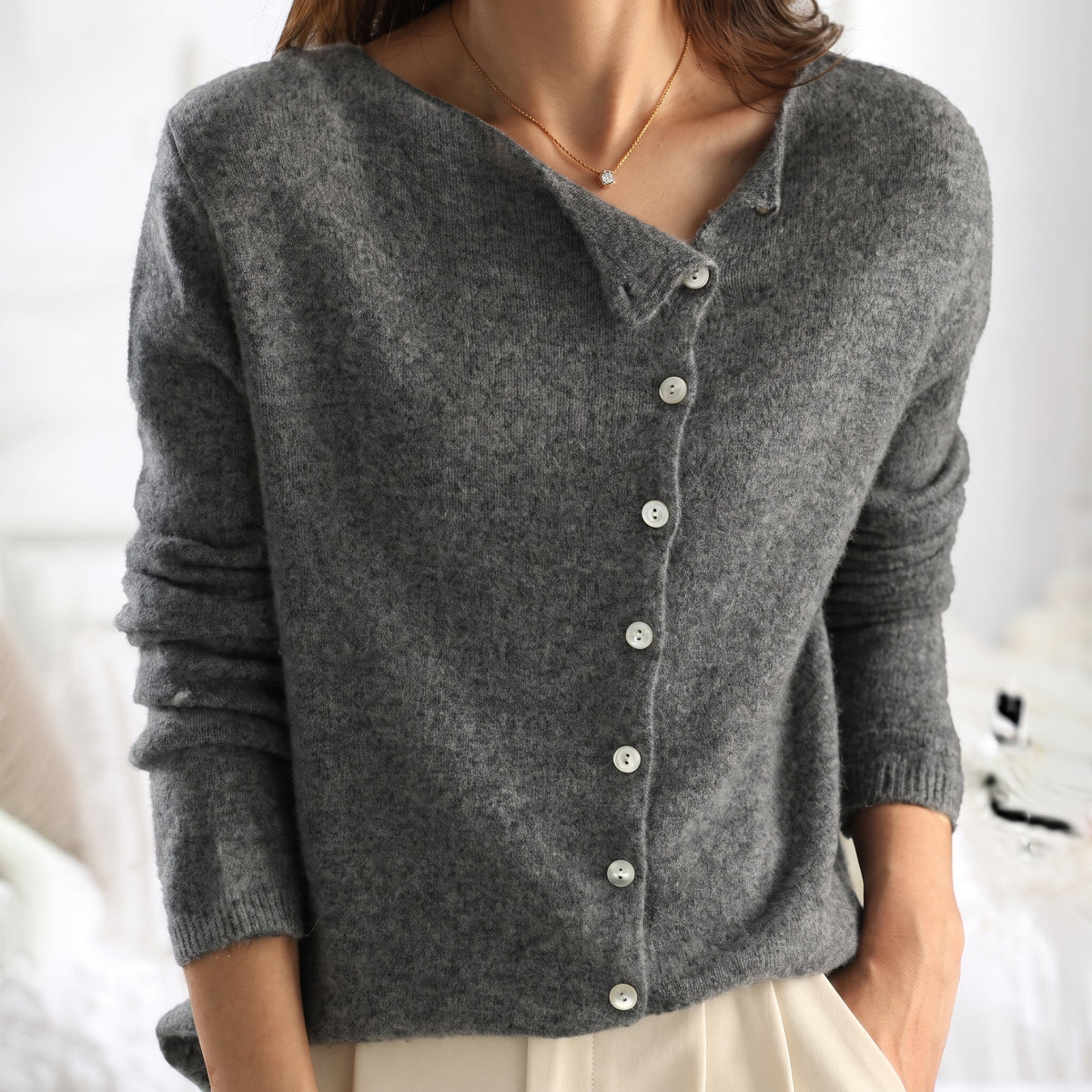 Lia - Women's Asymmetric Button-Front Cardigan Sweater