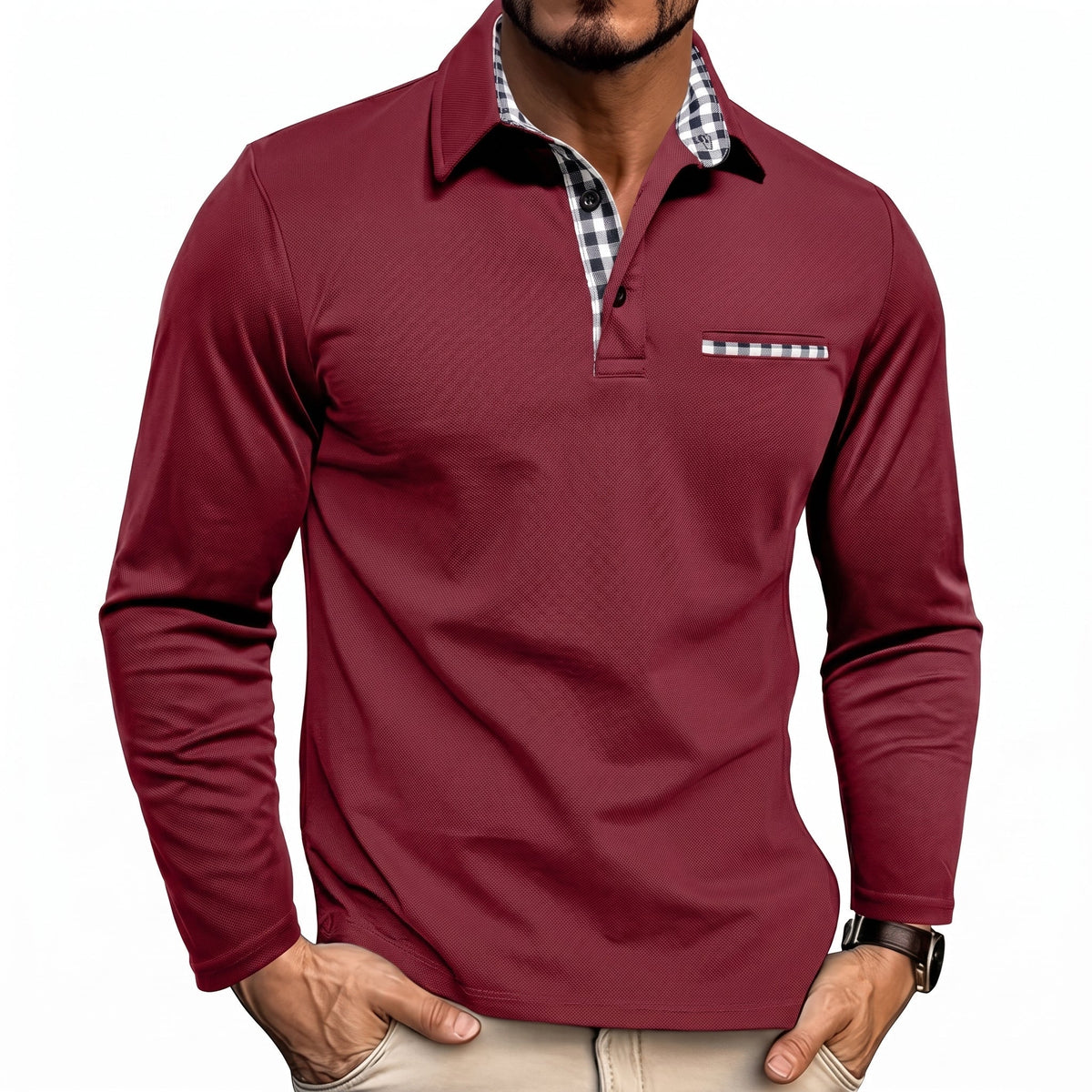 Marcus - Men's Long Sleeve Polo Shirt with Check Collar Detail