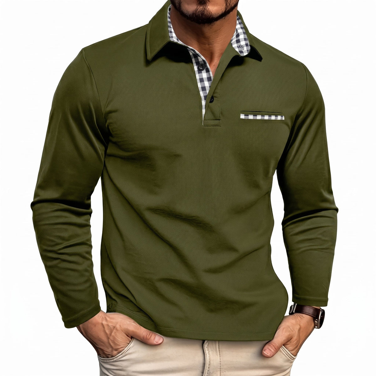 Marcus - Men's Long Sleeve Polo Shirt with Check Collar Detail