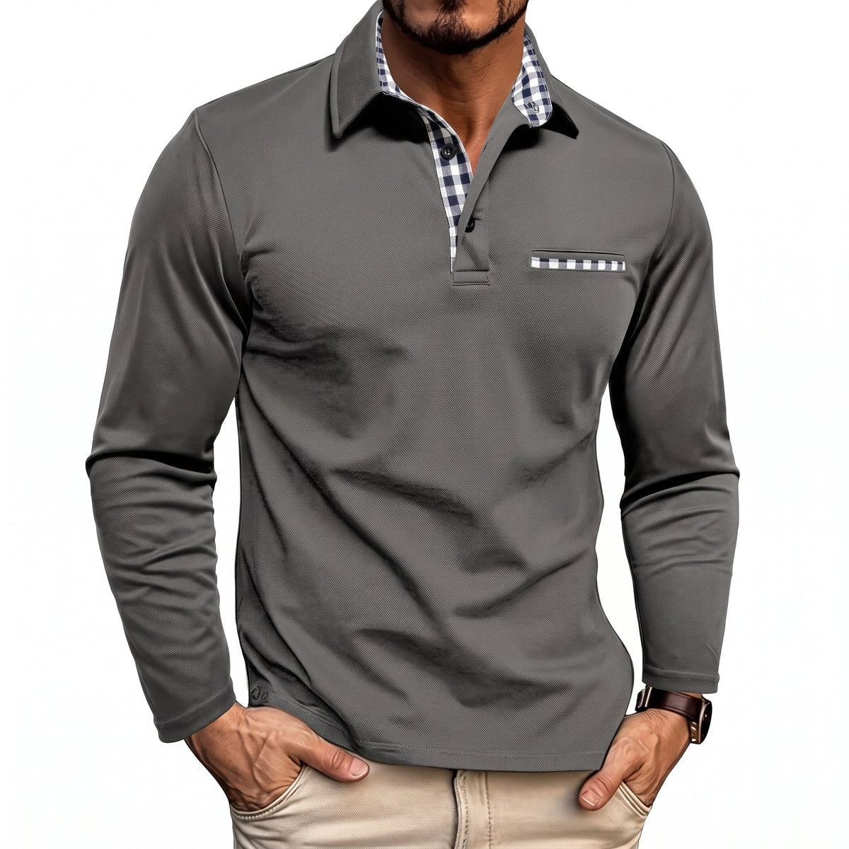 Marcus - Men's Long Sleeve Polo Shirt with Check Collar Detail