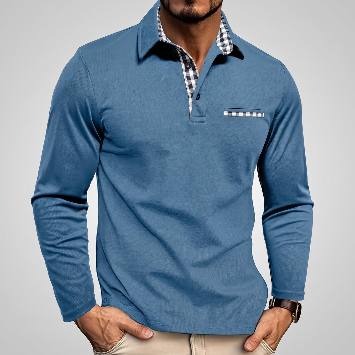 Marcus - Men's Long Sleeve Polo Shirt with Check Collar Detail