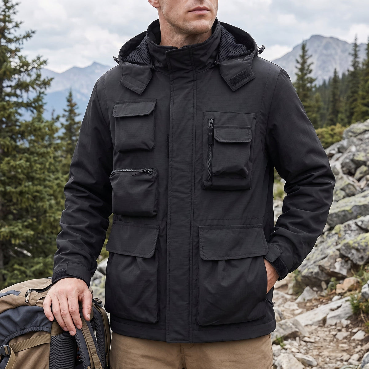 Marcus - Men's Multi-Pocket Hooded Utility Jacket with Zip Closure