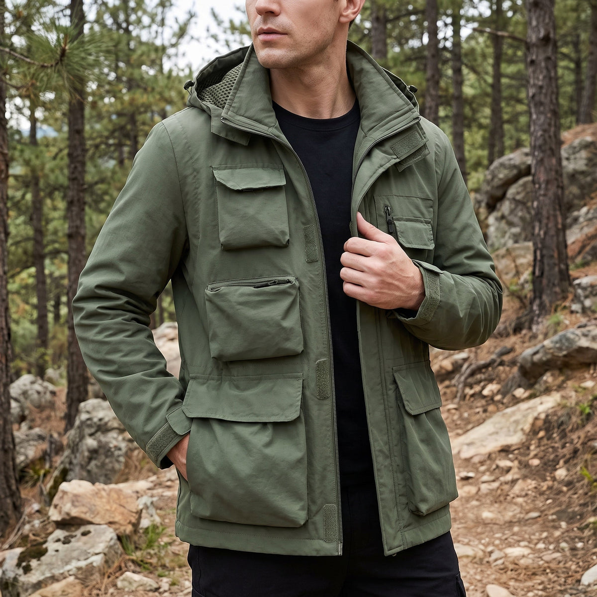 Marcus - Men's Multi-Pocket Hooded Utility Jacket with Zip Closure