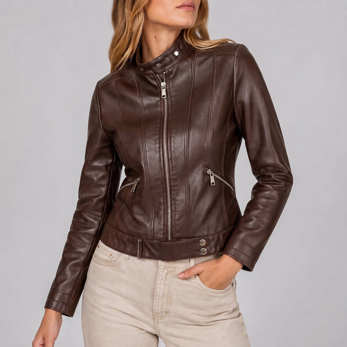 Olivia - Women's Fitted Band Collar Full Zip Panel Jacket