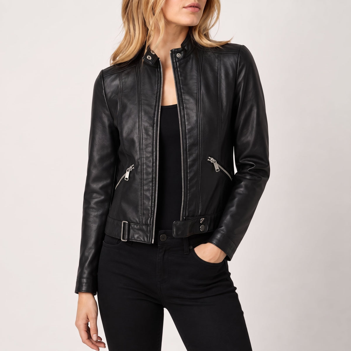 Olivia - Women's Fitted Band Collar Full Zip Panel Jacket