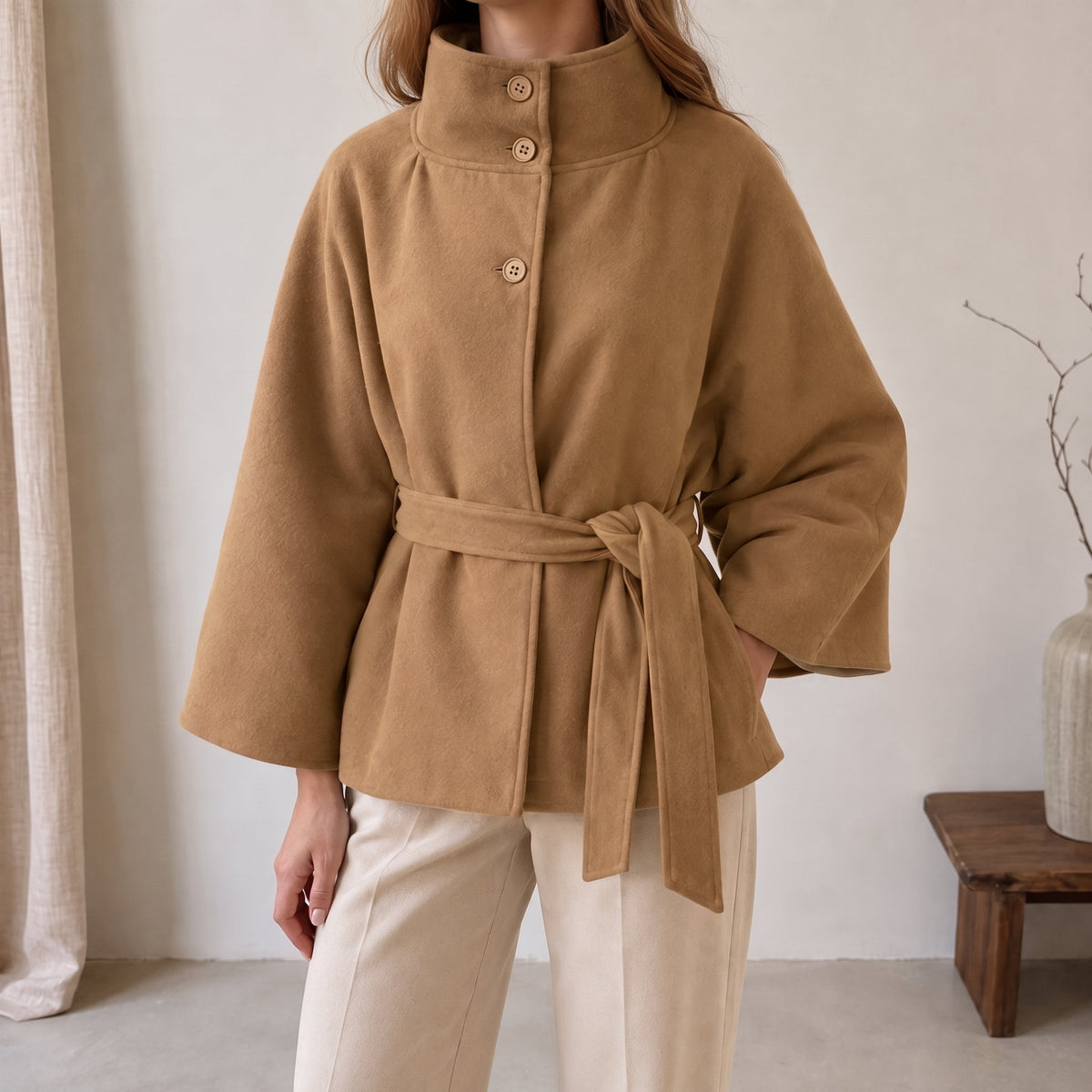 Sarah - Women's Cape Stand Collar Self-Tie Belted Jacket
