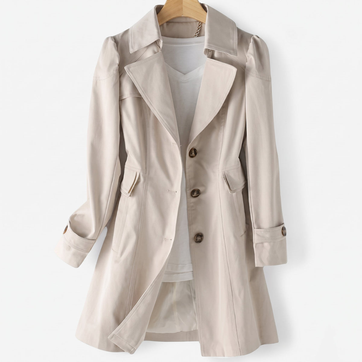 Sarah - Women's Single-Breasted Longline Trench Coat with Notch Lapel