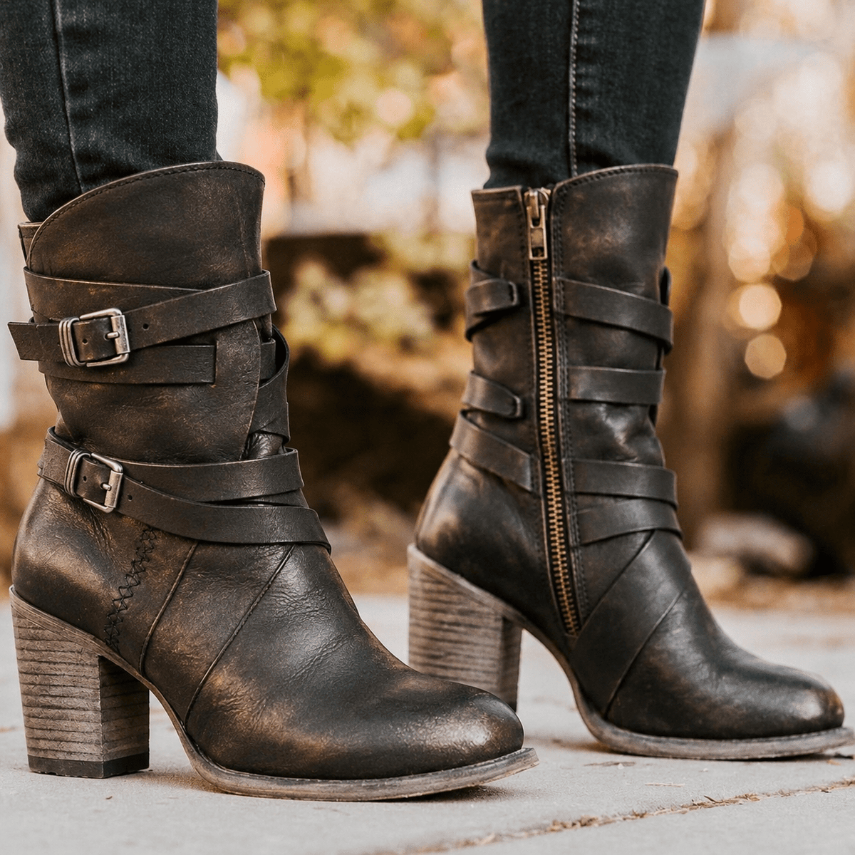 Sophie - Women's Buckle Strap Mid-Calf Boots with Side Zip and Block Heel