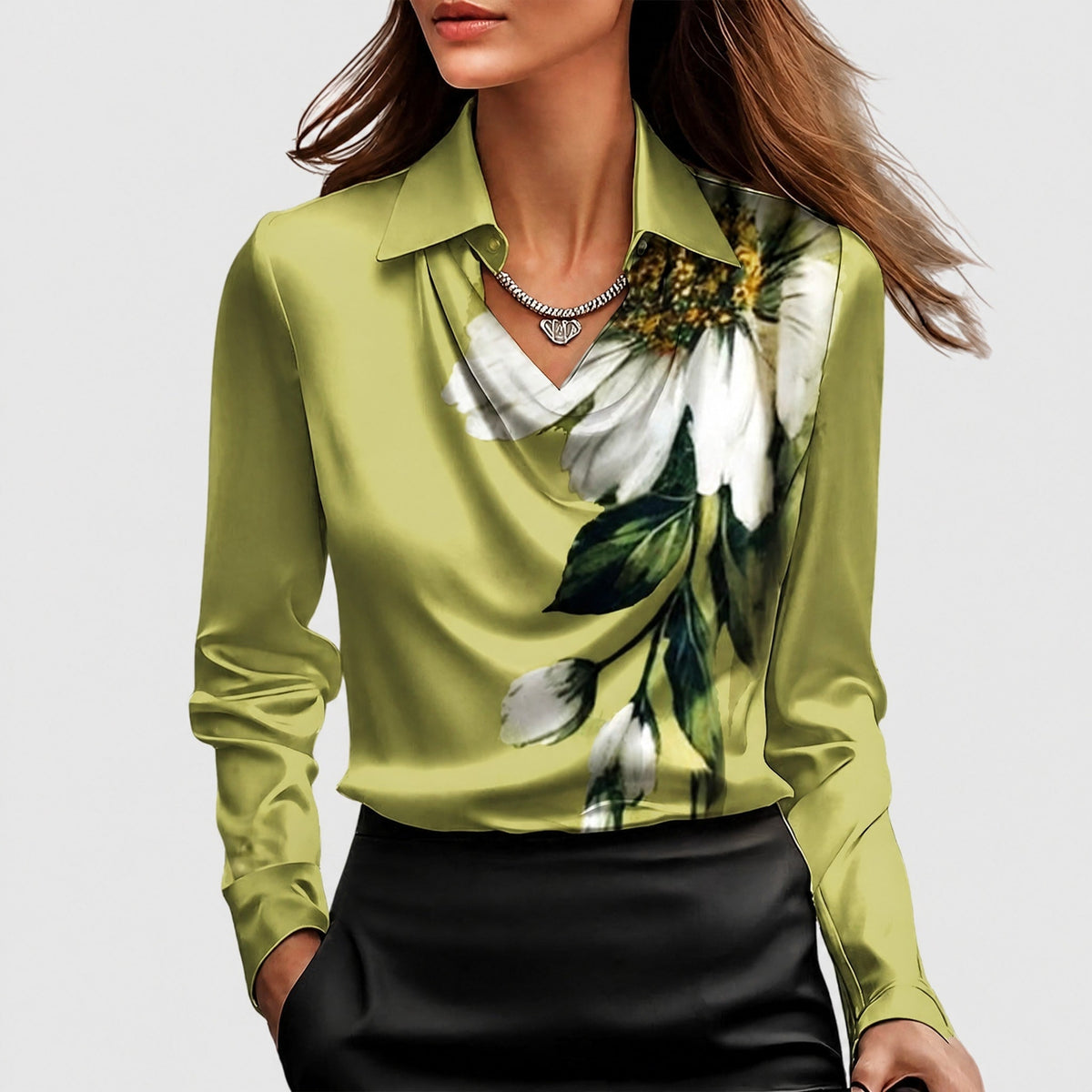 Sophie - Women's Cowl Neck Draped Blouse with Draped Collar