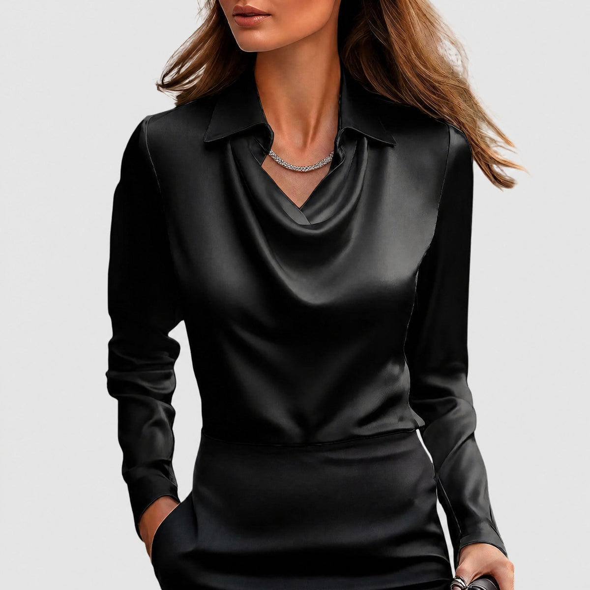 Sophie - Women's Cowl Neck Draped Blouse with Draped Collar