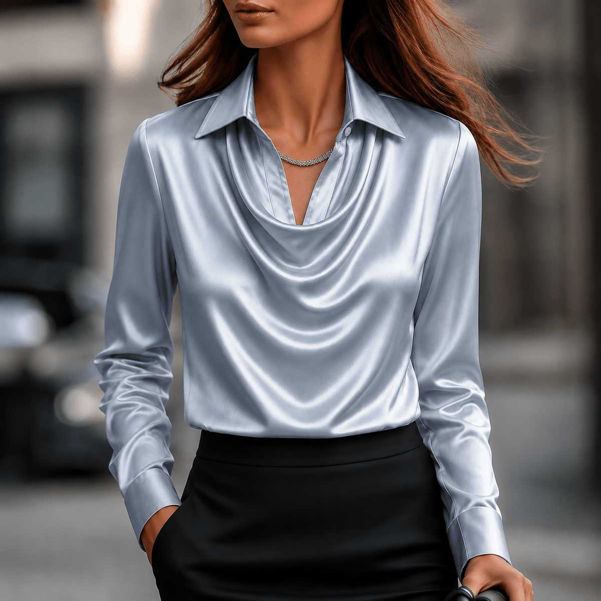 Sophie - Women's Long Sleeve Cowl Neck Blouse with Collar