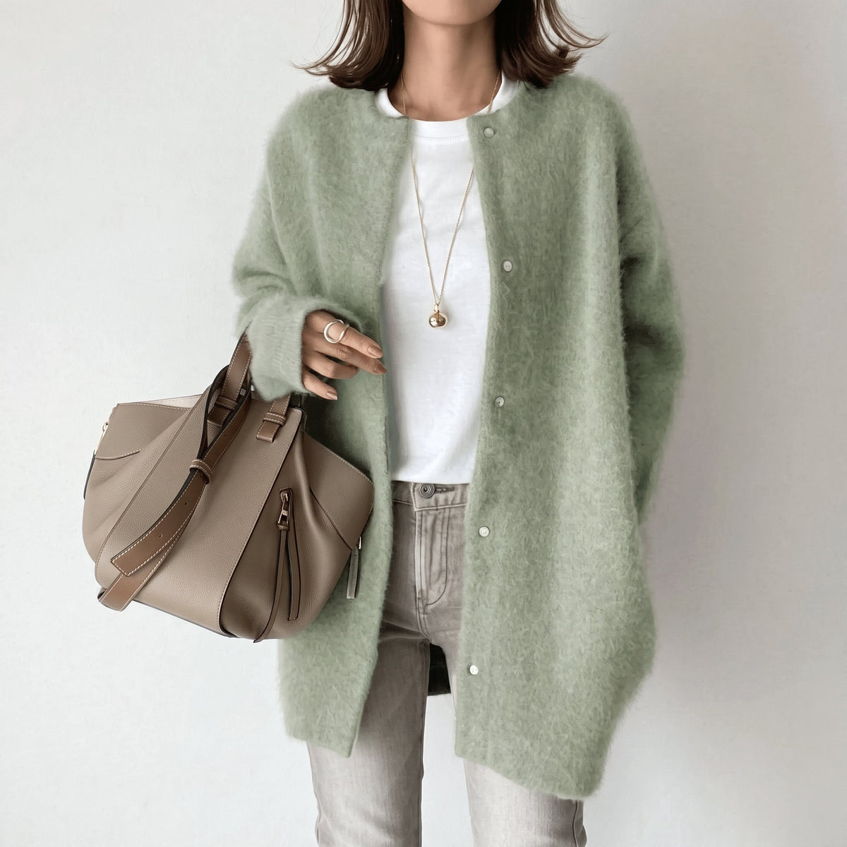 Sophie - Women's Longline Snap-Button Cardigan with Round Neck