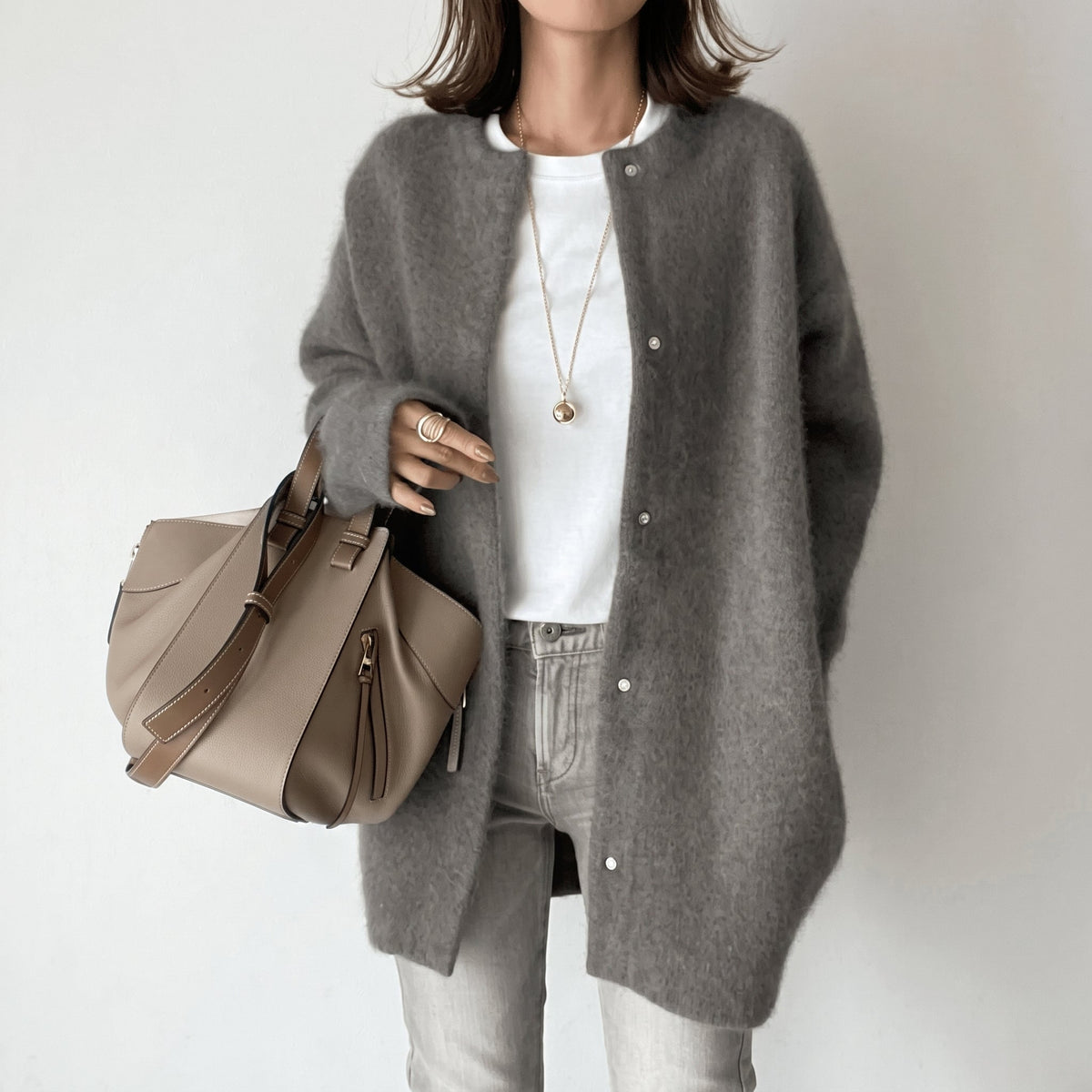Sophie - Women's Longline Snap-Button Cardigan with Round Neck
