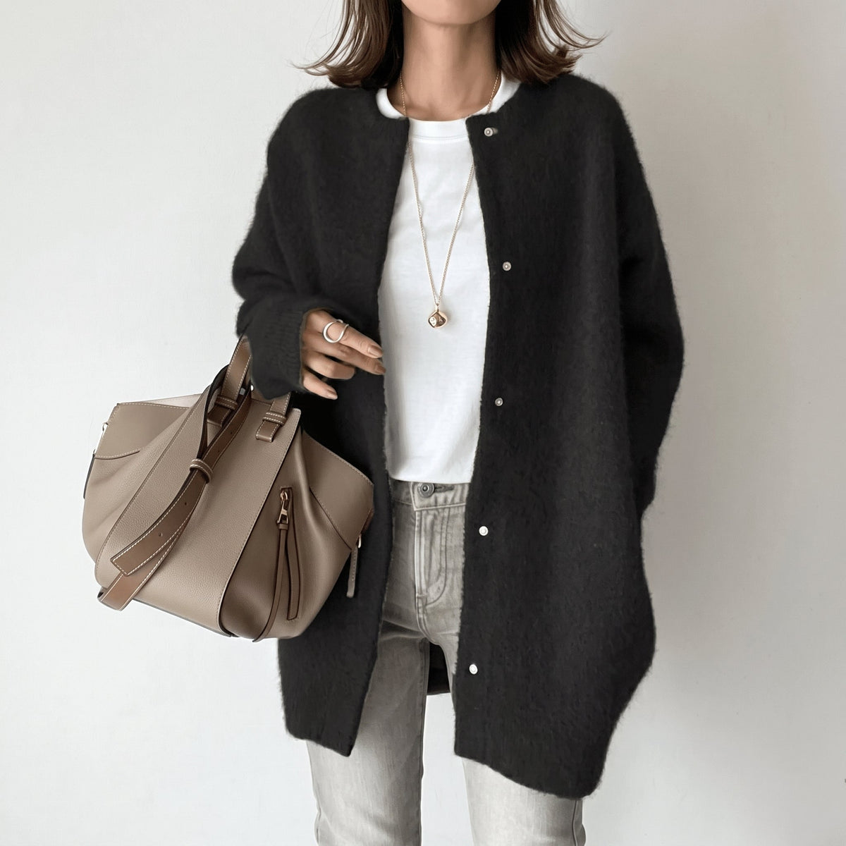 Sophie - Women's Longline Snap-Button Cardigan with Round Neck